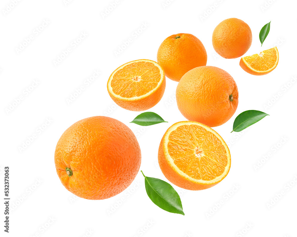 Orange with cut in half and leaves levitate isolated on white background.