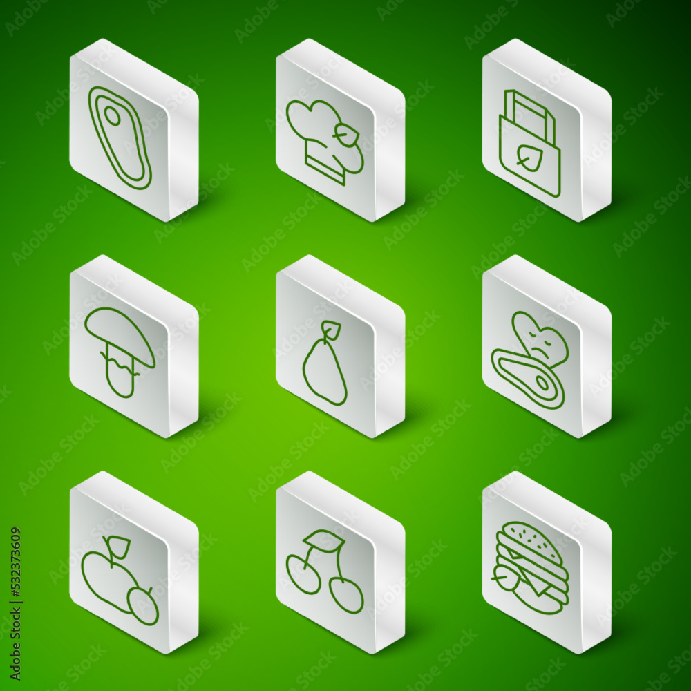 Set line Vegan food diet, Fresh berries, Steak meat, Pear, Mushroom, Apple and icon. Vector