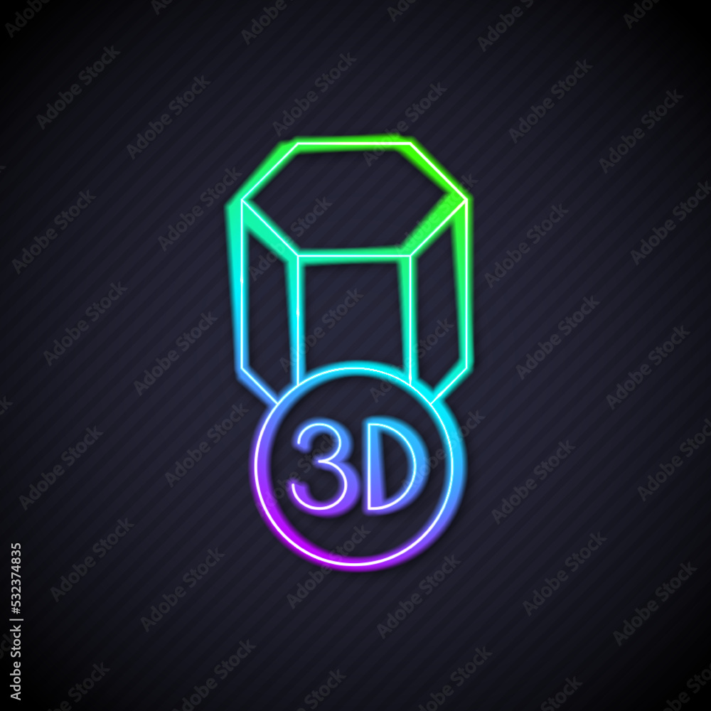 Glowing neon line 3D printer icon isolated on black background. 3d printing. Vector