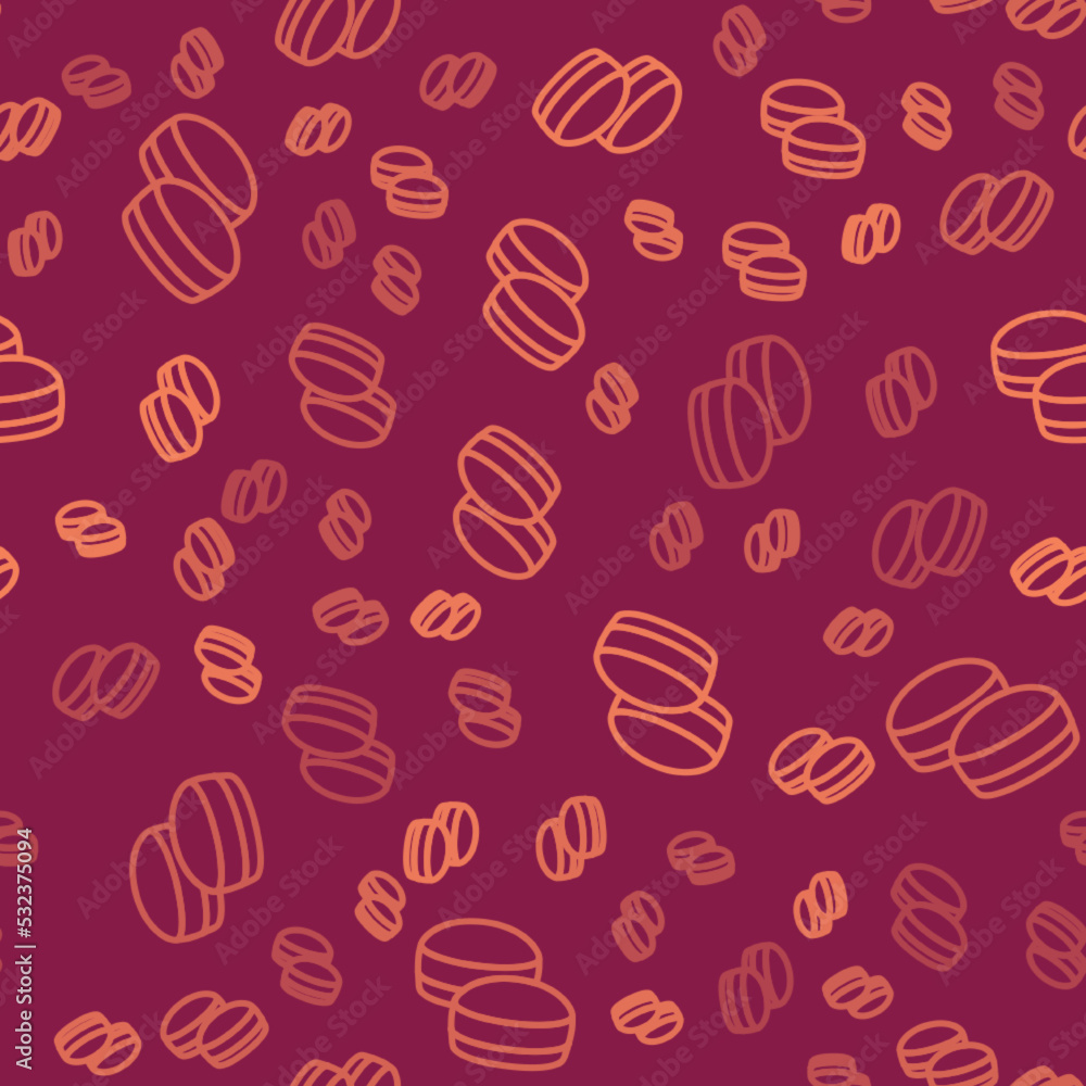 Brown line Macaron cookie icon isolated seamless pattern on red background. Macaroon sweet bakery. V