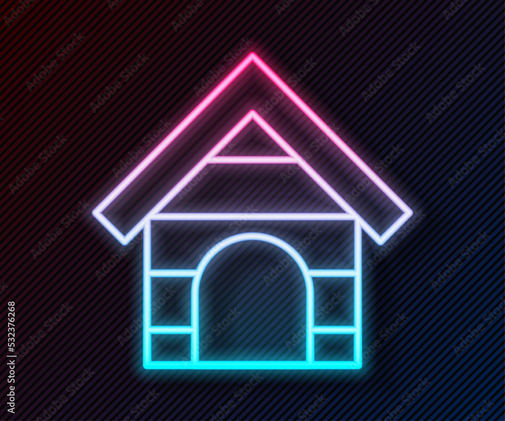 Glowing neon line Dog house icon isolated on black background. Dog kennel. Vector