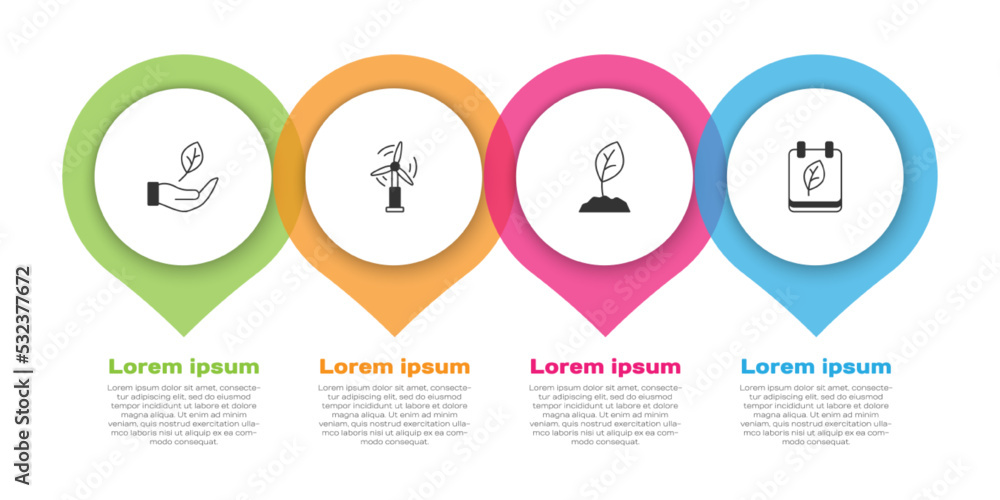 将树叶、风力涡轮机、萌芽和日历与秋叶放在一起。商业信息图模板