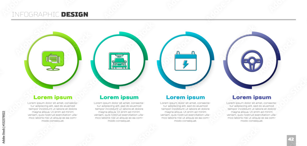 设置检查发动机、洗车、电池和方向盘。商业信息图模板。矢量