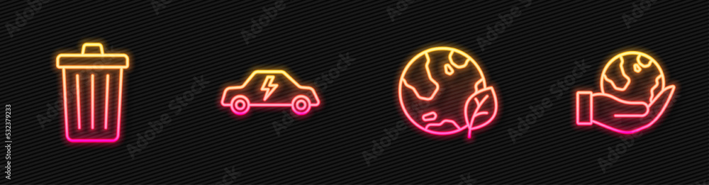 Set line Earth globe and leaf, Trash can, Electric car and Hand holding. Glowing neon icon. Vector