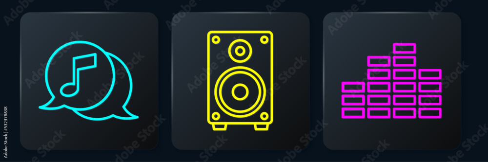 Set line Musical note in speech bubble, Music equalizer and Stereo speaker. Black square button. Vec