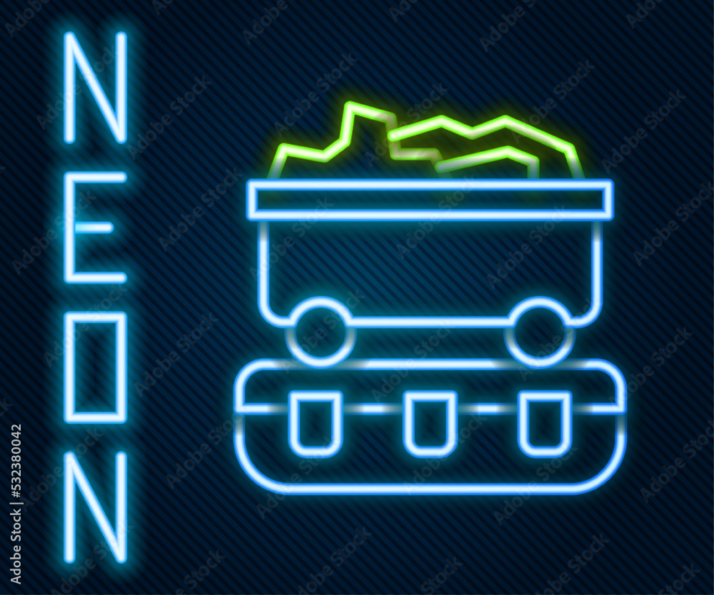 Glowing neon line Coal train wagon icon isolated on black background. Rail transportation. Colorful 