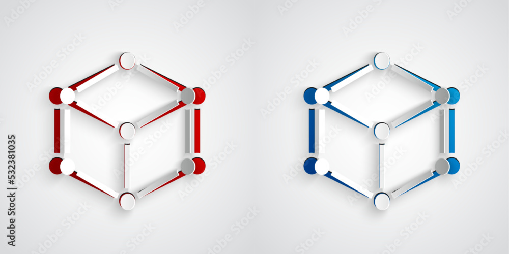 灰色背景上隔离的剪纸等轴测立方体图标。几何立方体实心图标。3D方形符号