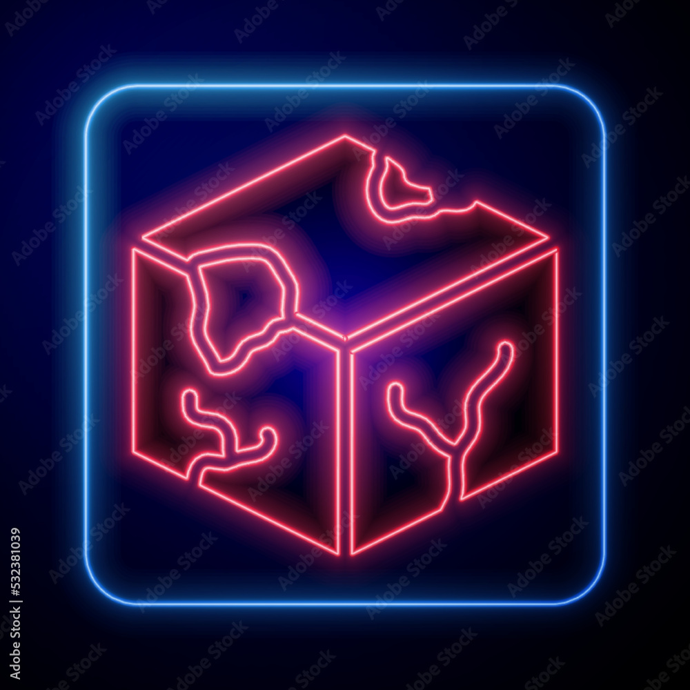 Glowing neon Isometric cube icon isolated on black background. Geometric cubes solid icon. 3D square