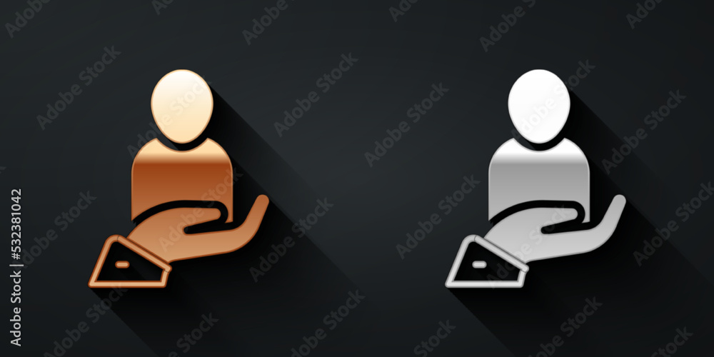 Gold and silver Life insurance in hand icon isolated on black background. Security, safety, protecti