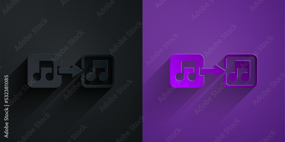 Paper cut Music note, tone icon isolated on black on purple background. Paper art style. Vector