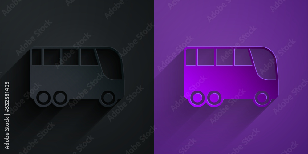 Paper cut Bus icon isolated on black on purple background. Transportation concept. Bus tour transpor