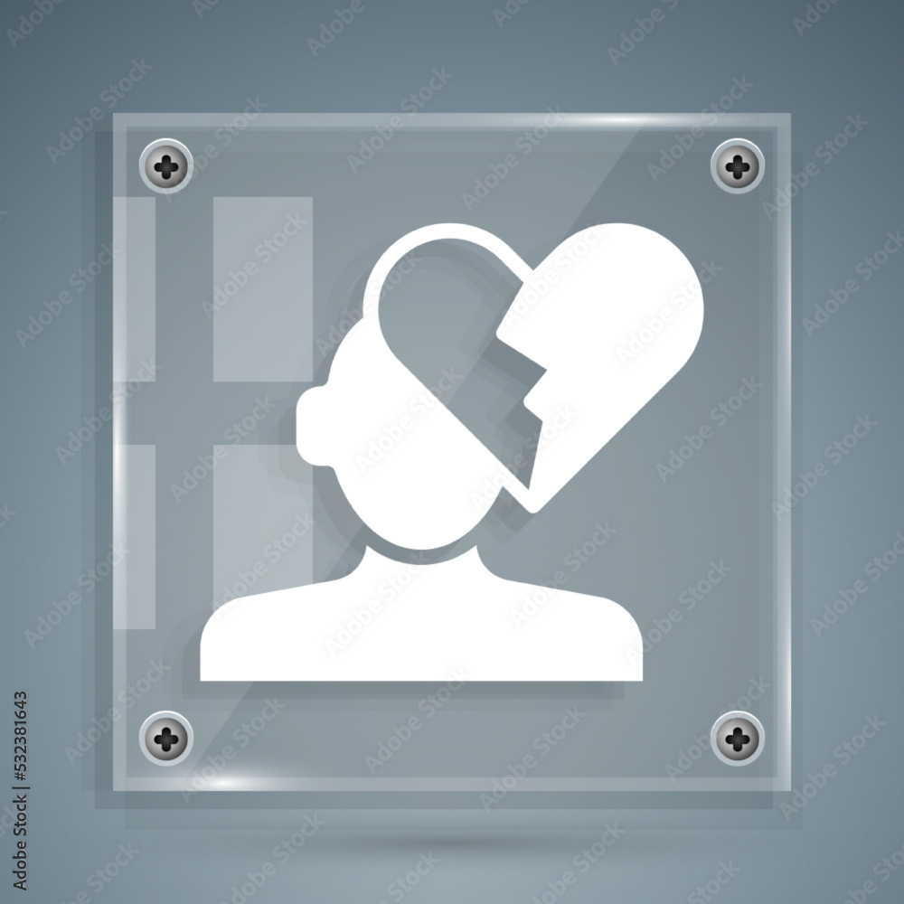 White Broken heart or divorce icon isolated on grey background. Love symbol. Valentines day. Square 