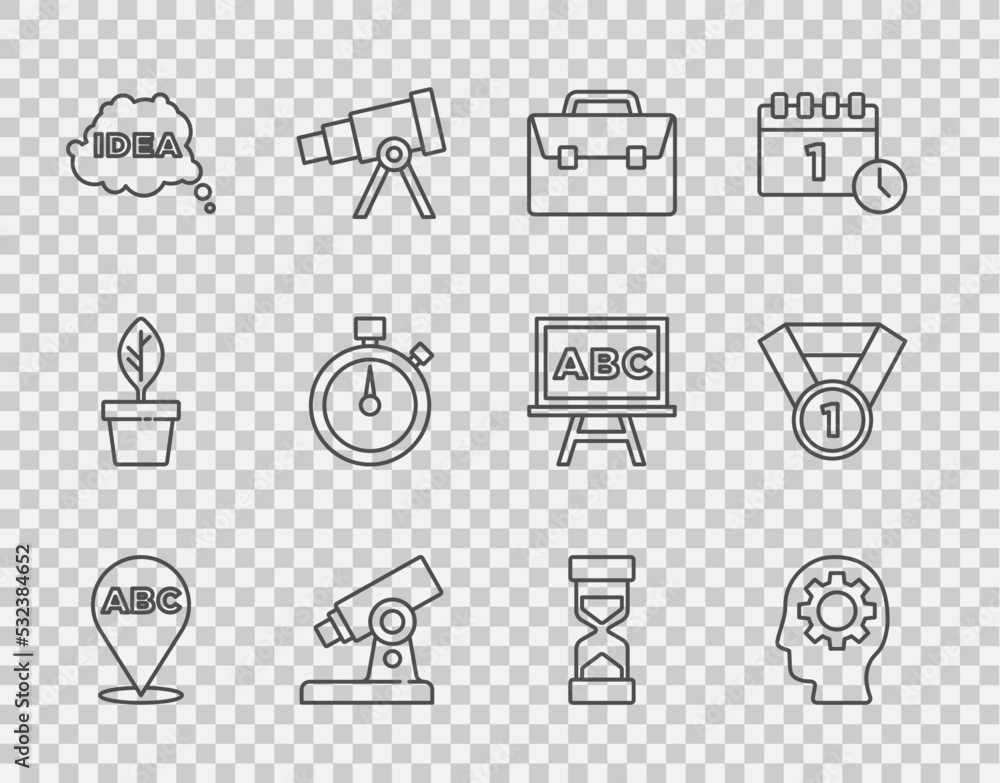 Set line Alphabet，Head with gear in，Briefcase，Microscope，Idea，speech bubble，秒表，旧版