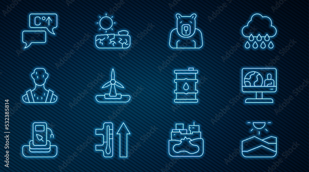 Set line Drought, Weather forecast, Polar bear head, Wind turbine, High human body temperature, Glob