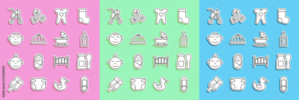 Set line Baby clothes pin, Yogurt bottle with spoon, hat, Little boy head, stroller and icon. Vector