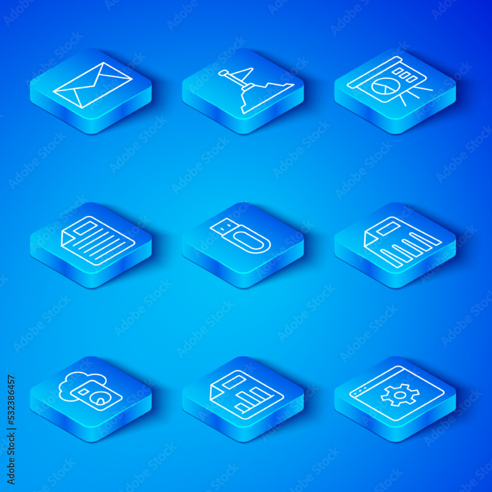 Set line Cloud database, USB flash drive, Document with graph chart, Paper shredder, Board, File doc