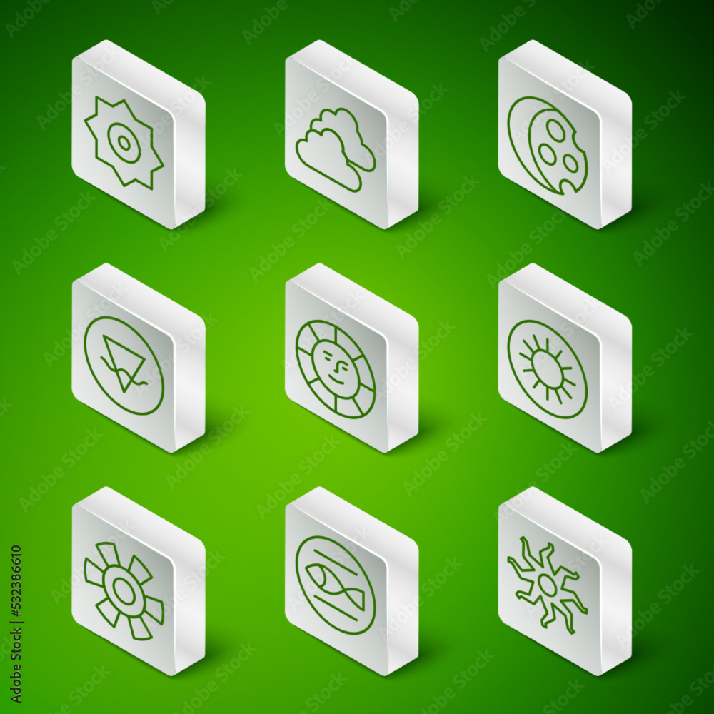 Set line Sun, Pisces zodiac, Falling star, Earth element, Cloudy weather, and icon. Vector