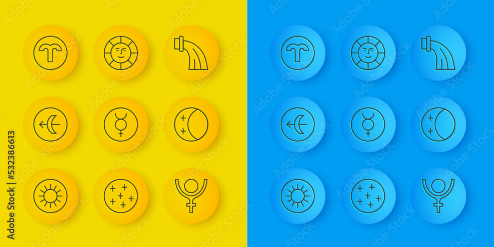 Set line Sun, Sagittarius zodiac, Symbol Mercury, Pluto, Eclipse of the sun, Aries, Aquarius and ico