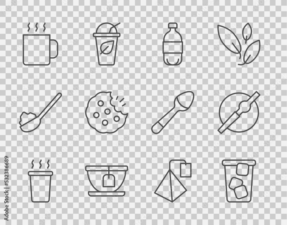 Set line Cup of tea, Ice, Bottle water, with bag, Cookie or biscuit, Tea and Cigarette icon. Vector