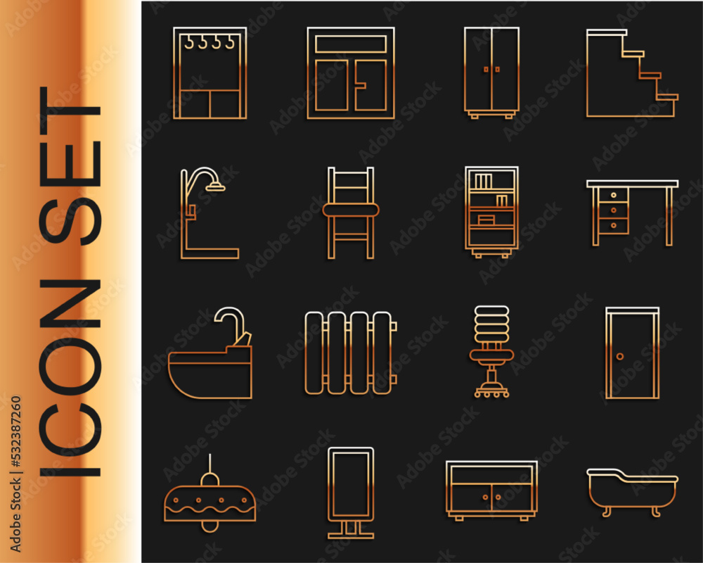 套装浴缸、闭门、办公桌、衣柜、椅子、淋浴器和图书馆书架图标。Vec