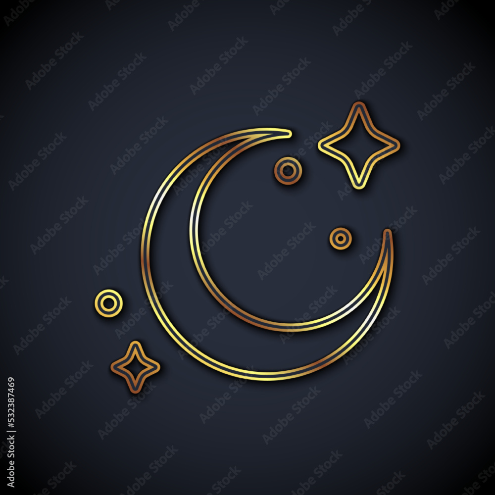 Gold line Moon and stars icon isolated on black background. Vector