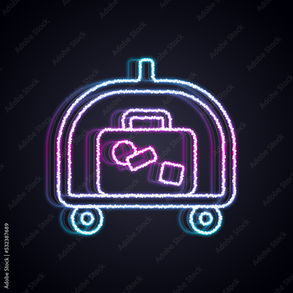 Glowing neon line Hotel luggage cart with suitcase icon isolated on black background. Traveling bagg