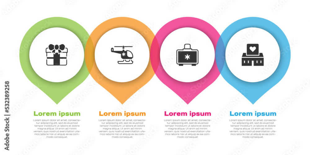 设置礼品盒、救援直升机、急救箱和志愿者中心。商业信息图模板。