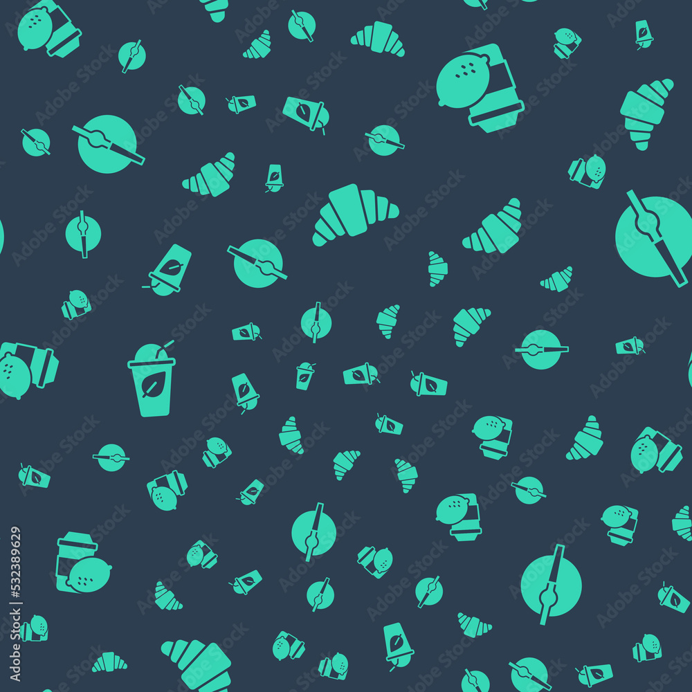 Set Croissant, Cup of tea with lemon, leaf and Cigarette on seamless pattern. Vector