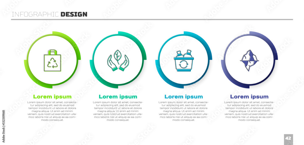 Set Shopping bag with recycle, Leaf hand, Recycle bin and Iceberg. Business infographic template. Ve