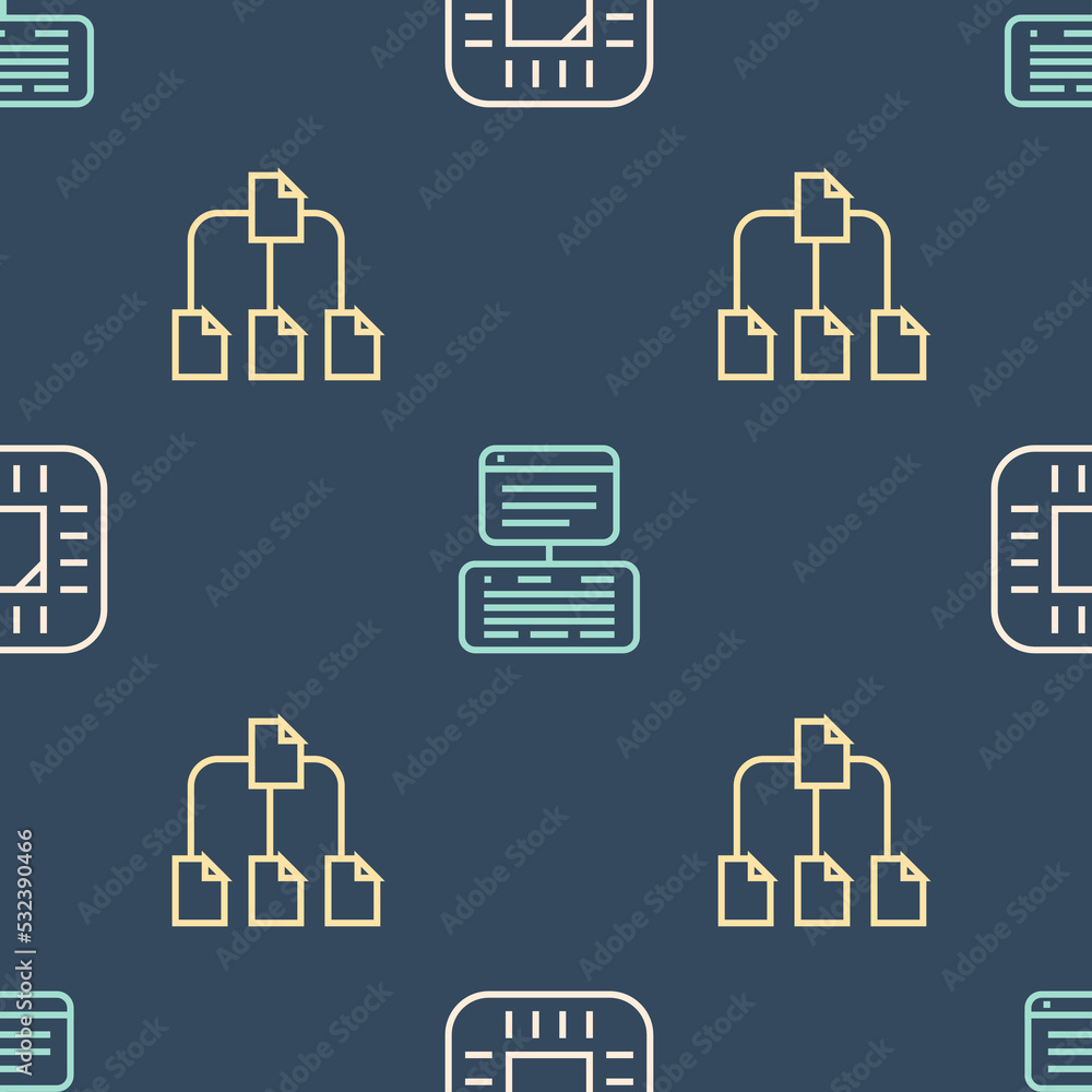 Set line Processor with CPU, Folder tree and Server, Data, Web Hosting on seamless pattern. Vector