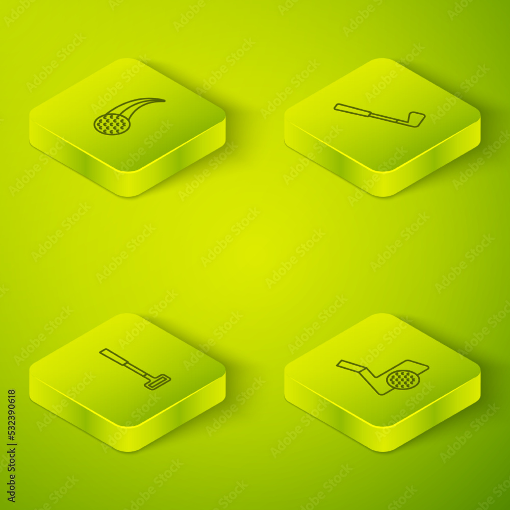 Set Isometric line Golf club, , with ball and icon. Vector