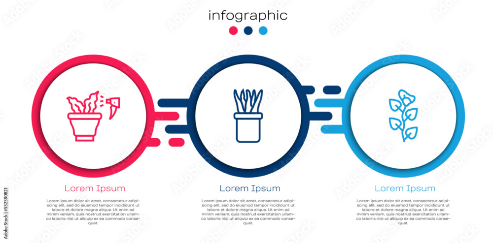 Set line Spraying plant, Plant pot and Ivy branch. Business infographic template. Vector