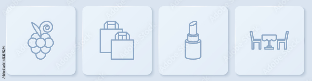 葡萄果、口红、纸袋和法国咖啡馆系列。白色方形按钮。矢量