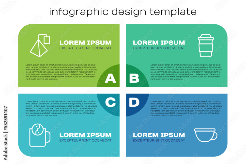 设置行茶时间、袋子、一杯茶和。商业信息图模板。矢量