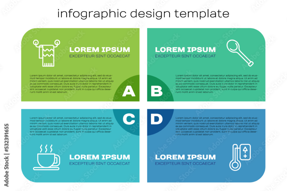 设置线一杯茶，毛巾挂在衣架上，桑拿温度计和勺子。商业信息图模板。Ve