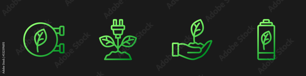 Set line Plant in hand, Eco shop, Electric saving plug leaf and nature battery. Gradient color icons