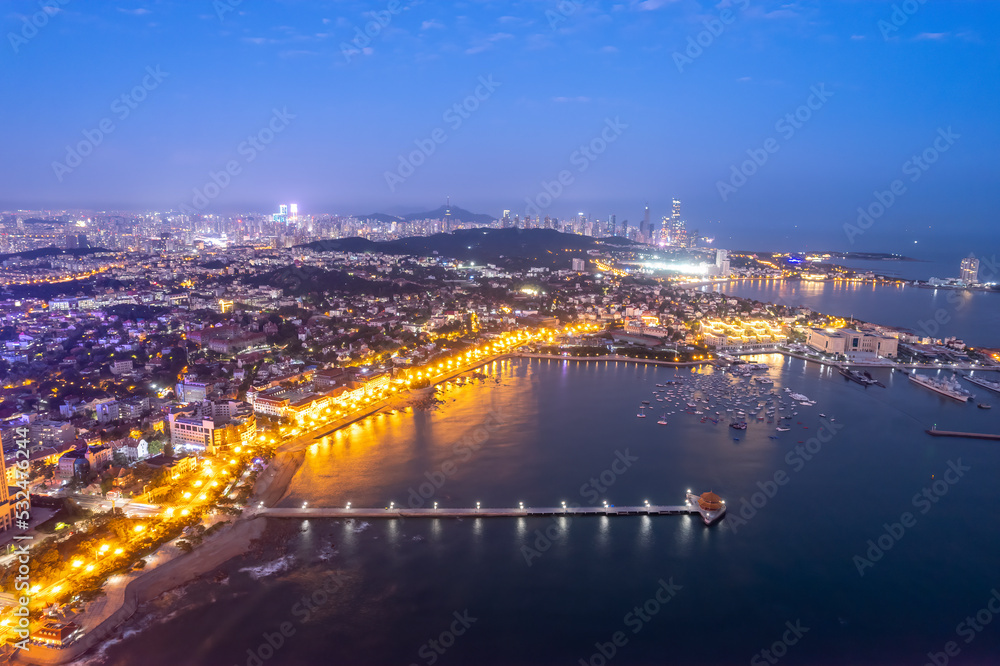 航拍青岛湾区夜景