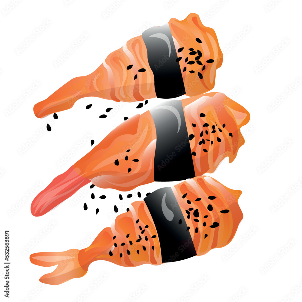 Tasty sushi with shrimps on white background