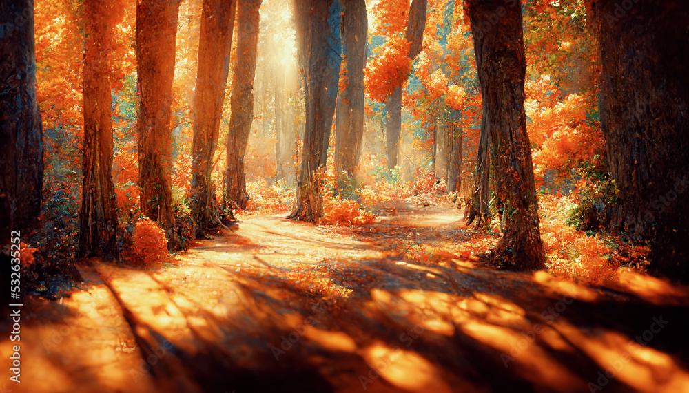 Spectacular autumn countryside with a road path through a dense forest and bright golden sunlight. F