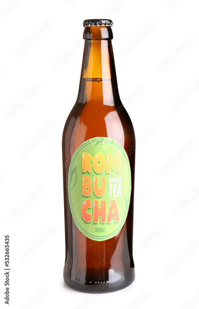 Bottle of delicious kombucha tea on white background