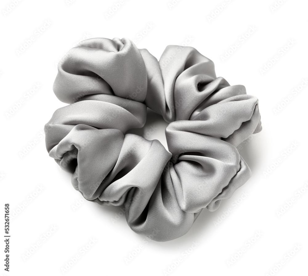 Stylish grey scrunchy on white background