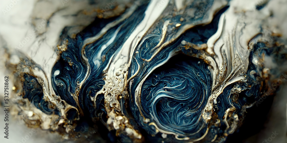 Spectacular image of dark blue and white liquid ink churning together, with a realistic texture and 