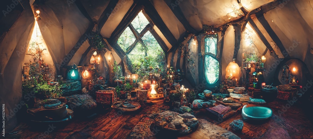 Spectacular picture of interior of a fantasy medieval cottage, full with plants furniture and enchan