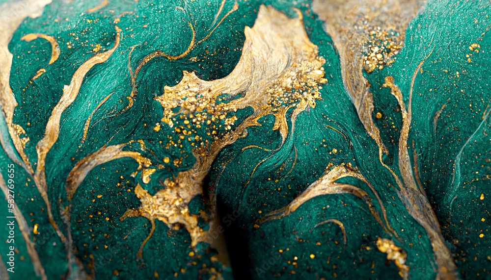 Spectacular realistic abstract backdrop of a whirlpool of teal and gold. Digital art 3D illustration