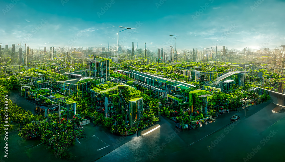 Spectacular eco-futuristic cityscape ESG concept full with greenery, skyscrapers, parks, and other m