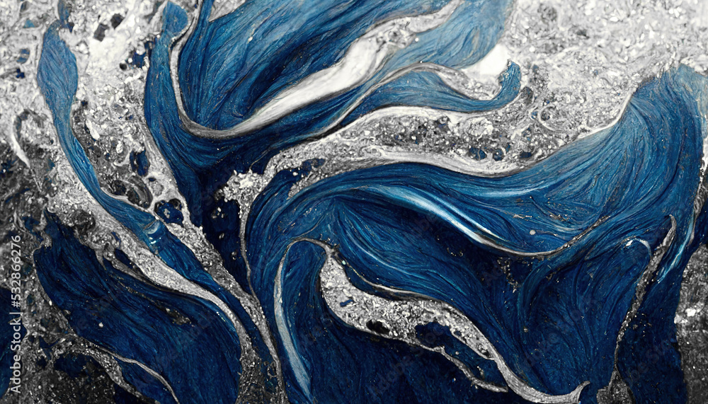 Spectacular high-quality abstract background of a whirlpool of dark blue and white. Digital art 3D i