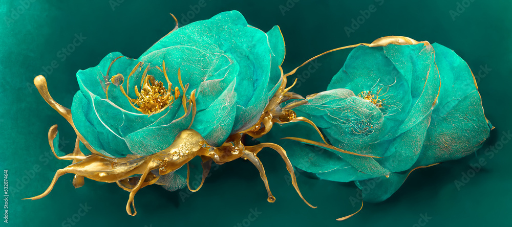 Spectacular modern abstract realistic flower on a background of teal color plant foliage. Translucen