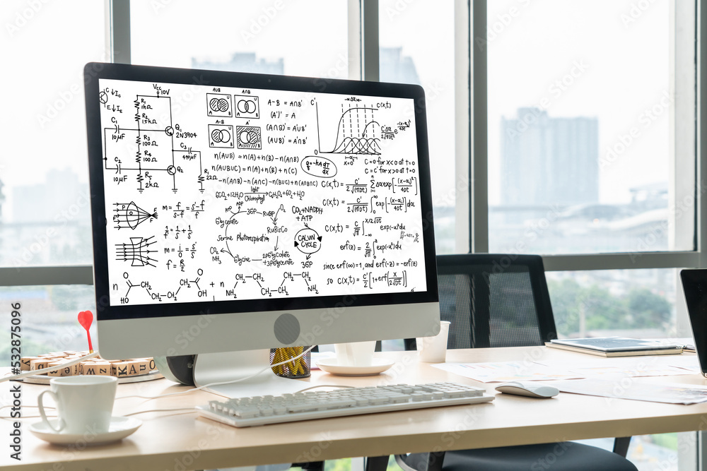 计算机屏幕上显示科学和教育概念的数学方程和时髦公式