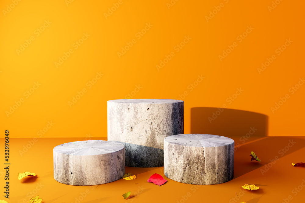 Autumn leaves with stone podiums - 3D render