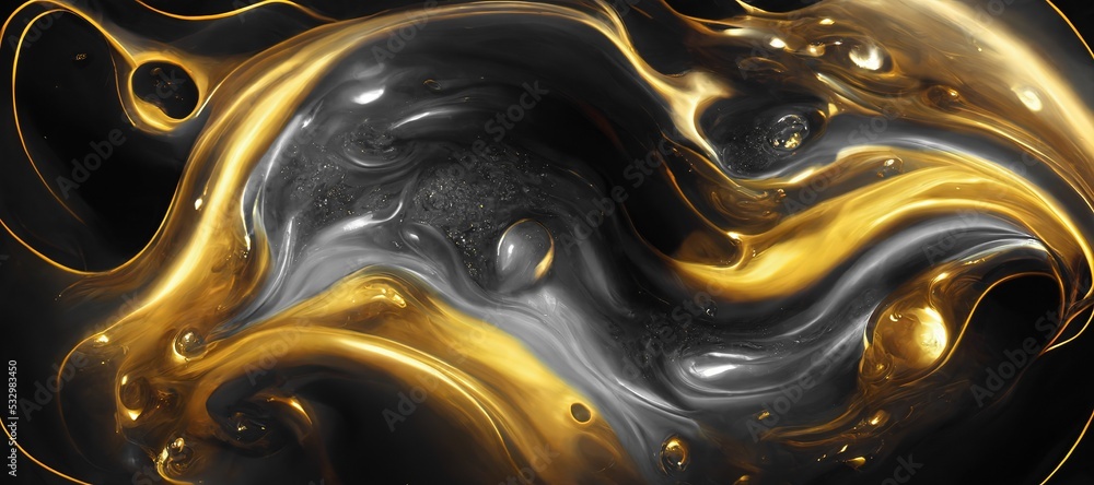 Spectacular image of black and golden liquid ink churning together, with a realistic texture and gre